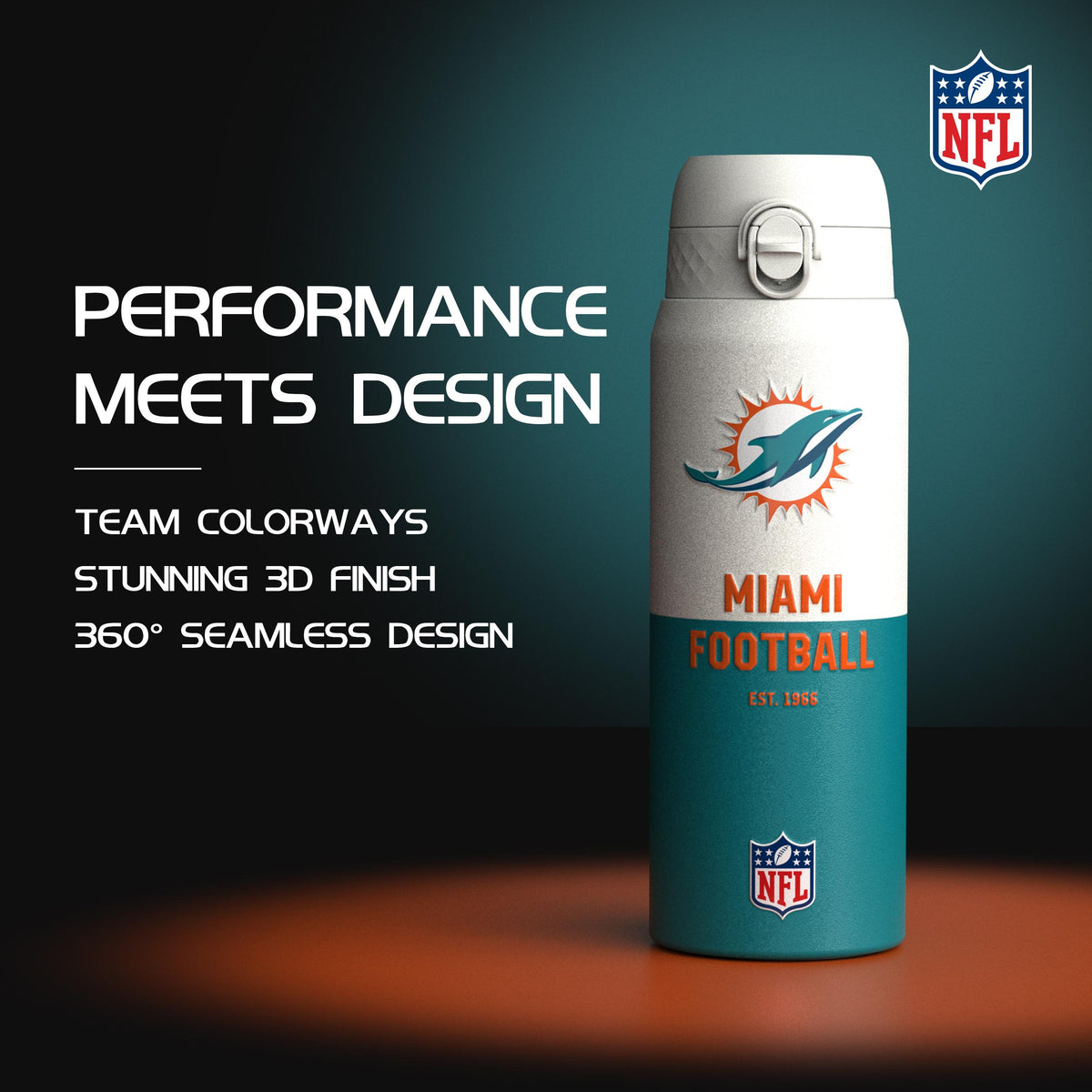 NFL x Ion8 Sports, Insulated Bottle, 50 Series, Miami Dolphins, 750ml (24oz)