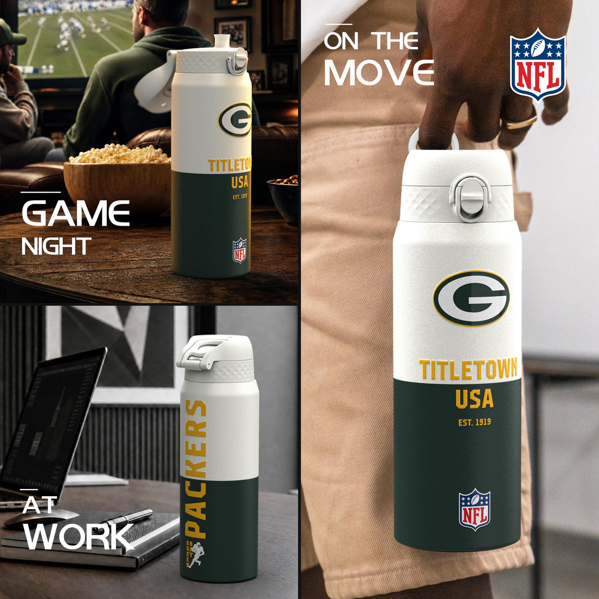NFL x Ion8 Sports, Insulated Bottle, 50 Series, Green Bay Packers, 750ml (24oz)