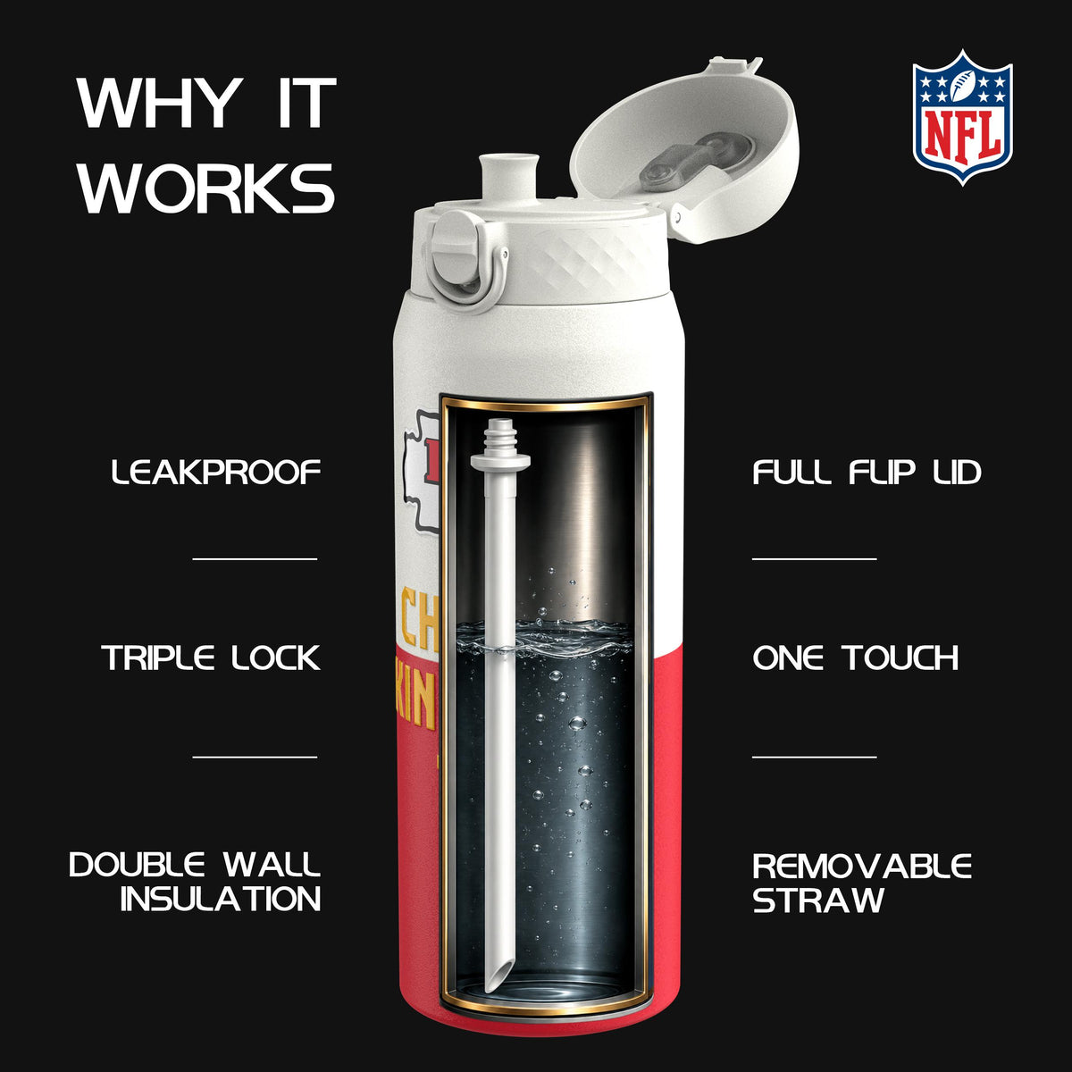 NFL x Ion8 Sports, Insulated Bottle, 50 Series, Kansas City Chiefs, 750ml (24oz)