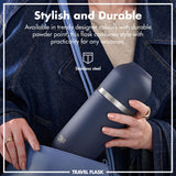 A person holds a blue travel flask with a silver band in a denim jacket pocket. Text reads: 