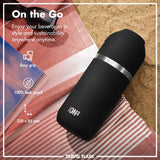 A black travel flask labeled 