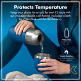 A person pours liquid from a blue stainless steel flask into a matching cup while sitting. Text reads 