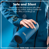 A person's hand holds a blue ION8 travel flask with a soft base for silent placement. Text reads: 