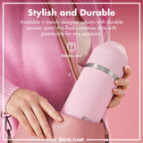A pink travel flask is being placed into a matching pink purse by a person wearing a pink sweater. Text reads: 