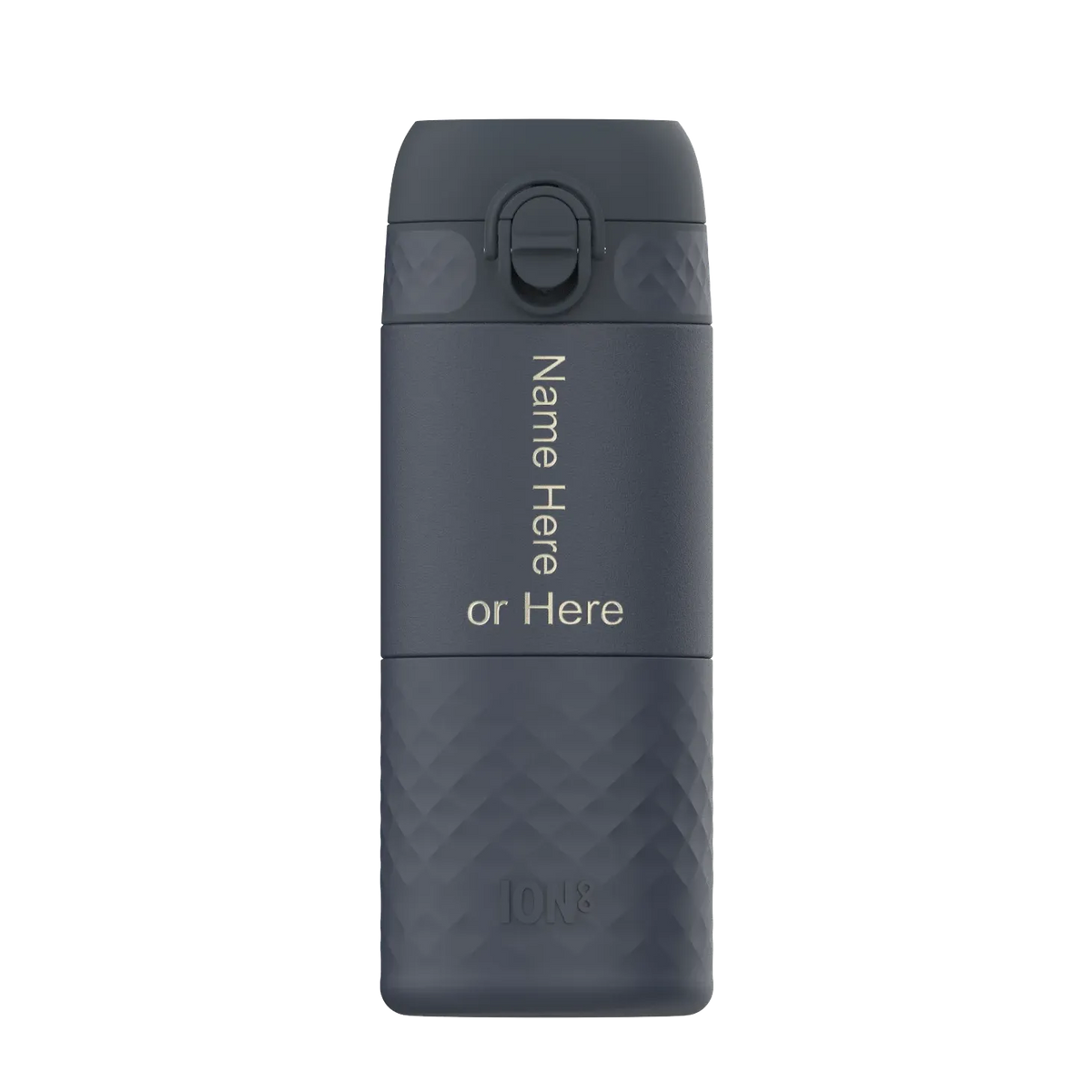 A dark gray water bottle stands upright featuring an easy-access lid Text displayed vertically says Name Here or Here The brand Ion8 is embossed at the bottom