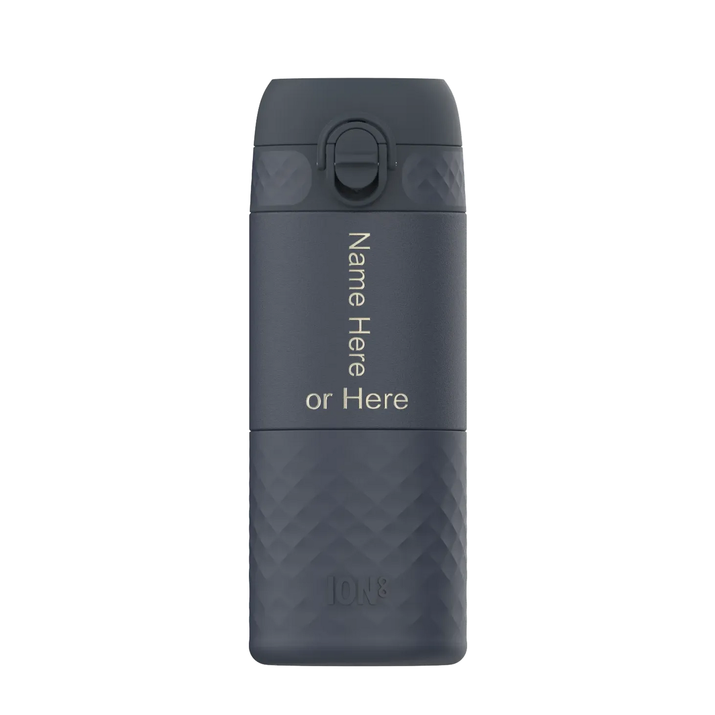 A dark gray water bottle stands upright featuring an easy-access lid Text displayed vertically says Name Here or Here The brand Ion8 is embossed at the bottom