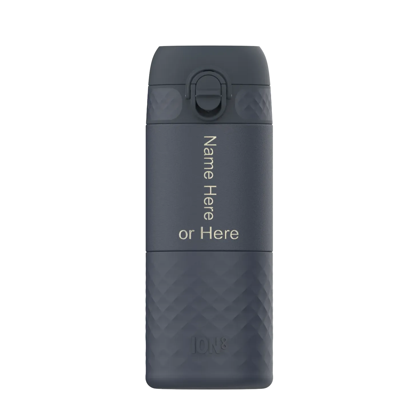 A dark gray water bottle stands upright featuring an easy-access lid Text displayed vertically says Name Here or Here The brand Ion8 is embossed at the bottom