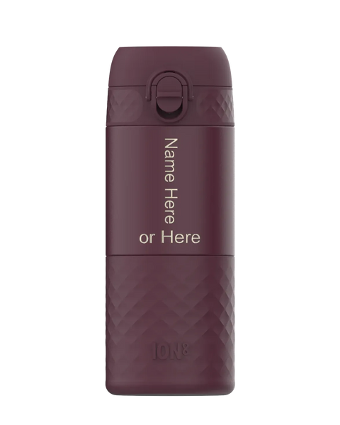 A maroon reusable water bottle displays the text "Name Here or Here" vertically on its smooth surface within a plain background. The bottom part features a textured grip with "ION8" embossed.