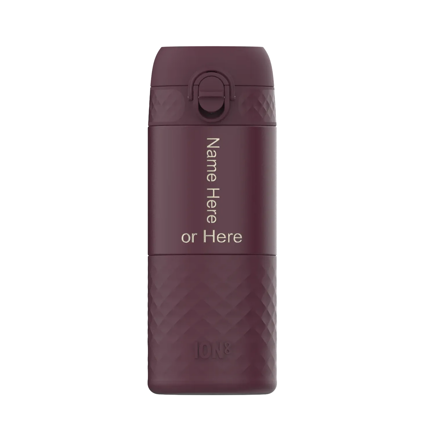 A maroon reusable water bottle displays the text "Name Here or Here" vertically on its smooth surface within a plain background. The bottom part features a textured grip with "ION8" embossed.