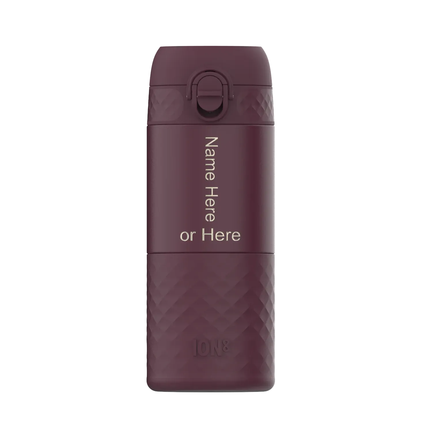 A maroon reusable water bottle displays the text "Name Here or Here" vertically on its smooth surface within a plain background. The bottom part features a textured grip with "ION8" embossed.