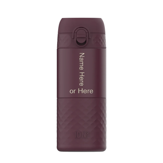 A maroon reusable water bottle displays the text "Name Here or Here" vertically on its smooth surface within a plain background. The bottom part features a textured grip with "ION8" embossed.