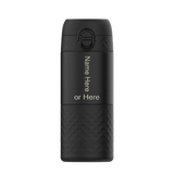 A black thermos tumbler stands upright with customizable text 