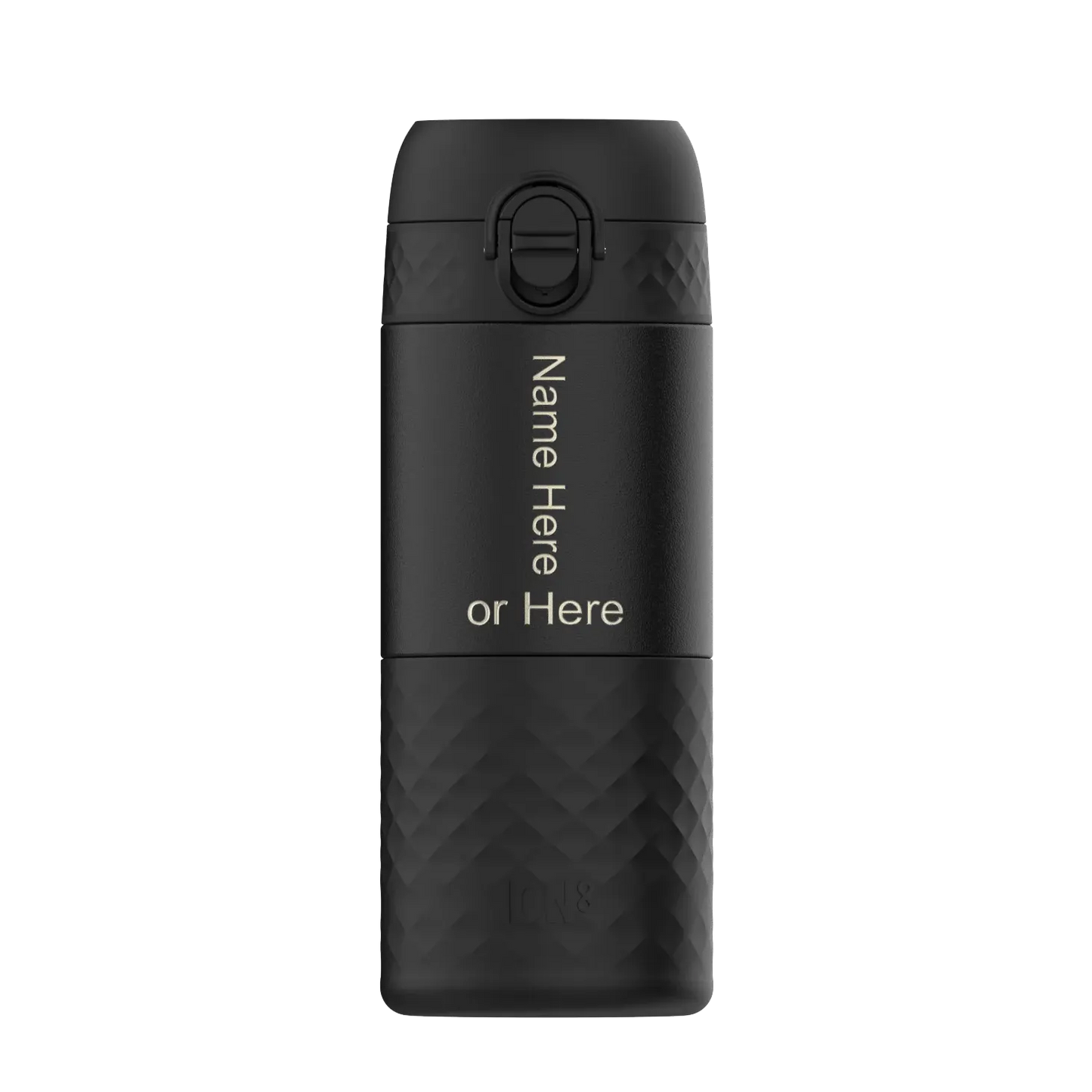 A black thermos tumbler stands upright with customizable text "Name Here or Here" vertically written on it against a plain background.