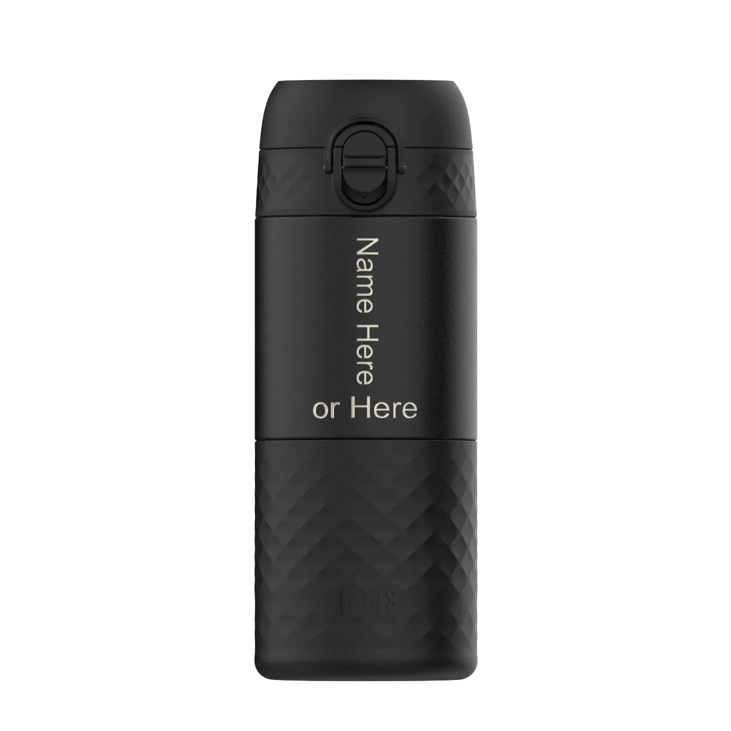 A black thermos tumbler stands upright with customizable text "Name Here or Here" vertically written on it against a plain background.