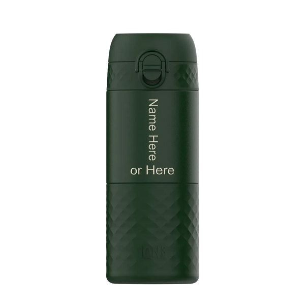 A dark green insulated bottle stands with a textured lower half. The text reads "Name Here or Here" vertically, suggesting personalization options. The background is plain white.