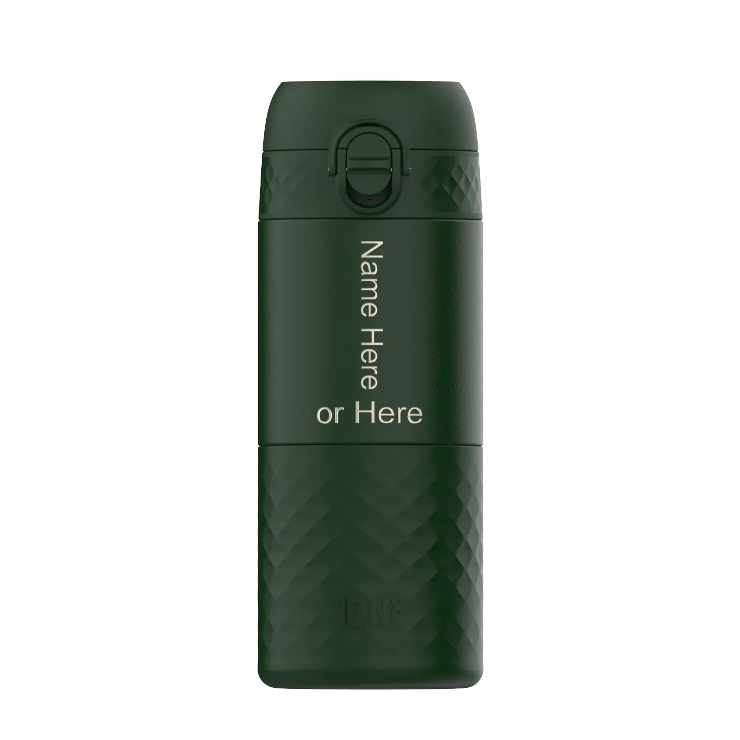 A dark green insulated bottle stands with a textured lower half. The text reads "Name Here or Here" vertically, suggesting personalization options. The background is plain white.