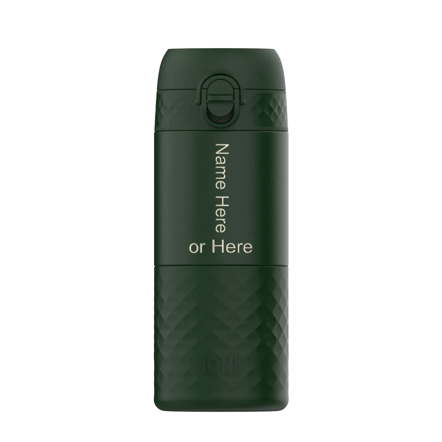 A dark green insulated bottle stands with a textured lower half. The text reads "Name Here or Here" vertically, suggesting personalization options. The background is plain white.
