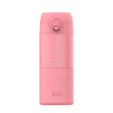 A pink water bottle stands upright featuring textured grip at the base with the text Name Here or Here vertically and ION8 embossed at the bottom against a white background.