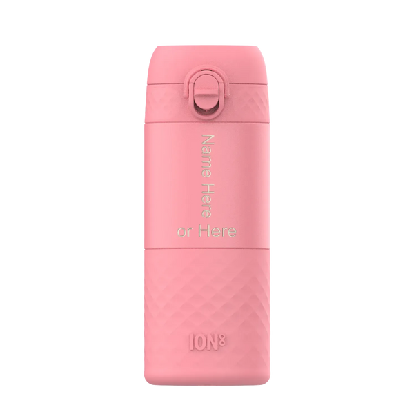 A pink water bottle stands upright featuring textured grip at the base with the text Name Here or Here vertically and ION8 embossed at the bottom against a white background.