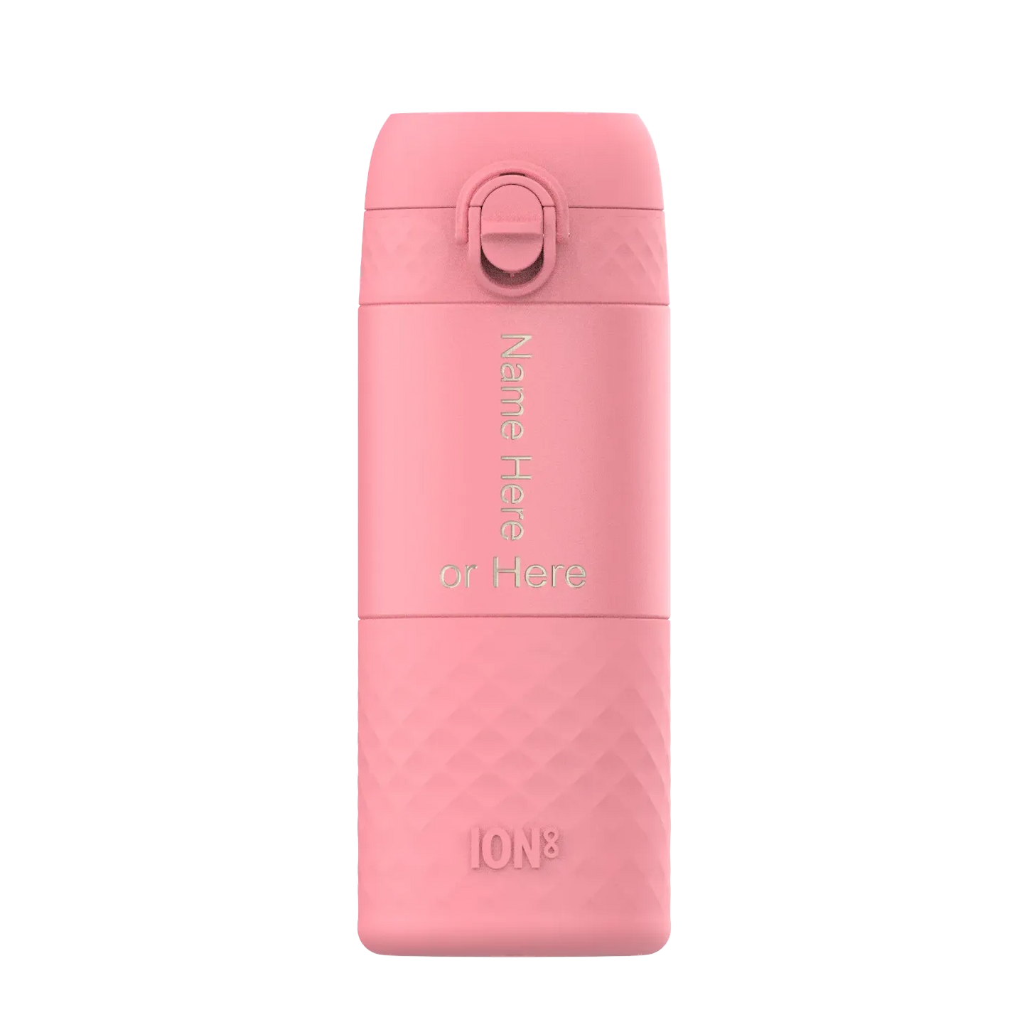 A pink water bottle stands upright featuring textured grip at the base with the text Name Here or Here vertically and ION8 embossed at the bottom against a white background.