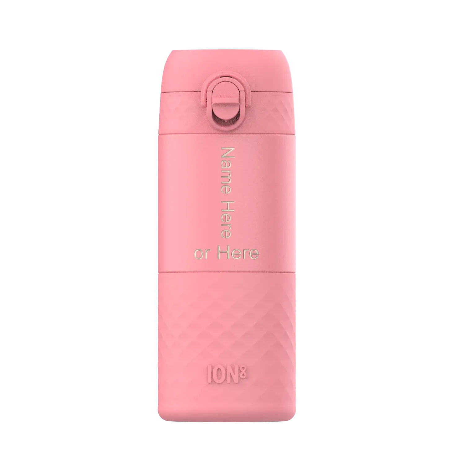 A pink water bottle stands upright featuring textured grip at the base with the text Name Here or Here vertically and ION8 embossed at the bottom against a white background.