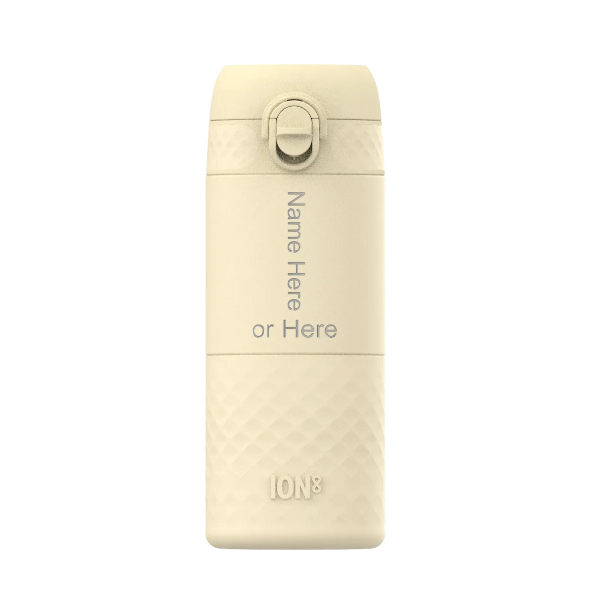 A beige water bottle stands upright with a textured base in a plain environment Text on the bottle reads Name Here or Here and ION8