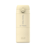 A beige water bottle stands upright with a textured base in a plain environment Text on the bottle reads Name Here or Here and ION8