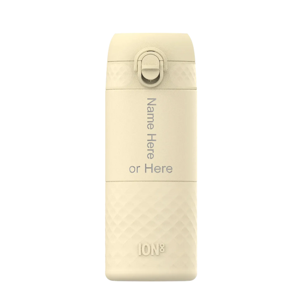 A beige water bottle stands upright with a textured base in a plain environment Text on the bottle reads Name Here or Here and ION8