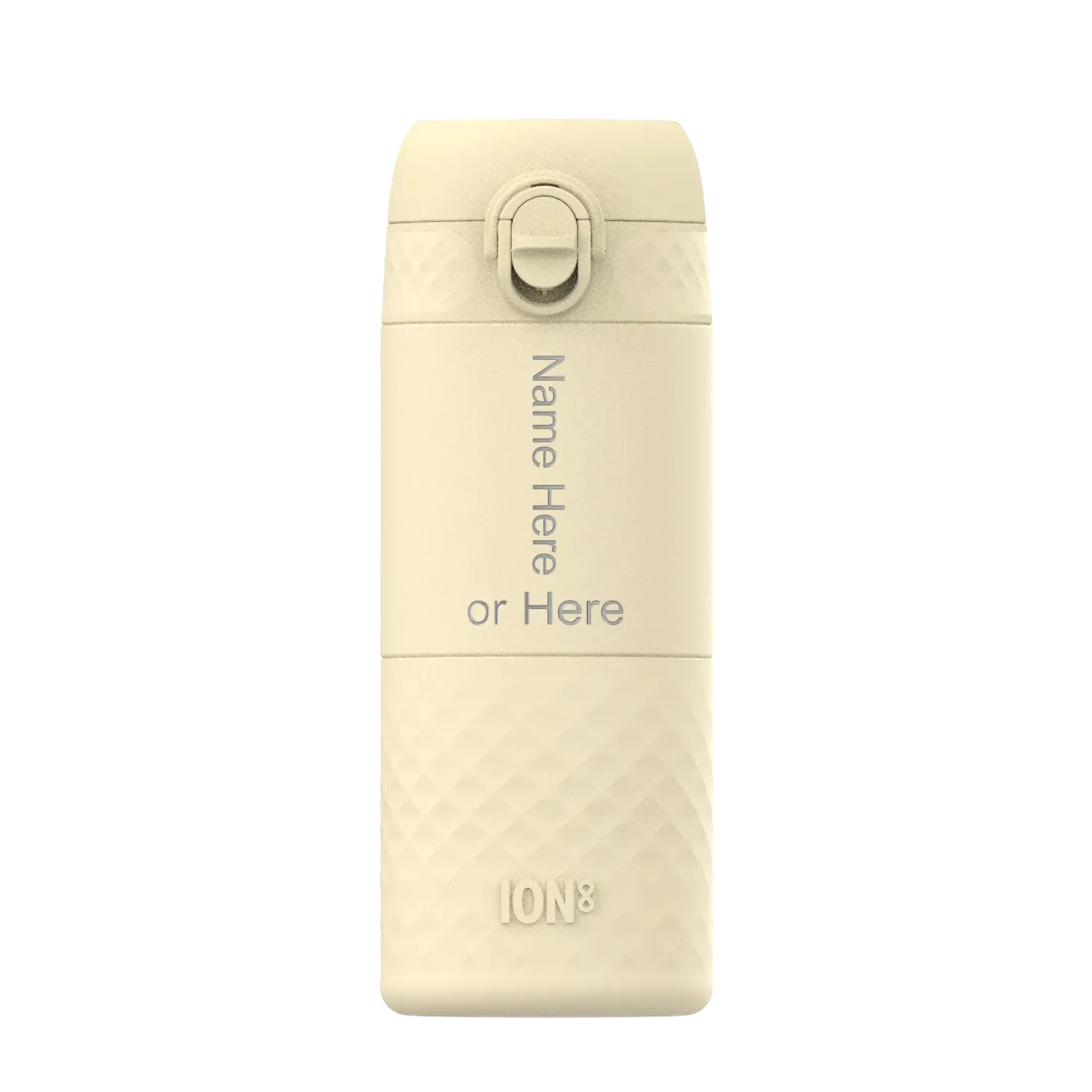 A beige water bottle stands upright with a textured base in a plain environment Text on the bottle reads Name Here or Here and ION8