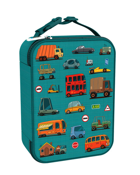 A rectangular teal lunchbox showcases colorful cartoon vehicles including cars, buses, and trucks with road signs such as "Stop" and "A68" in a playful pattern.