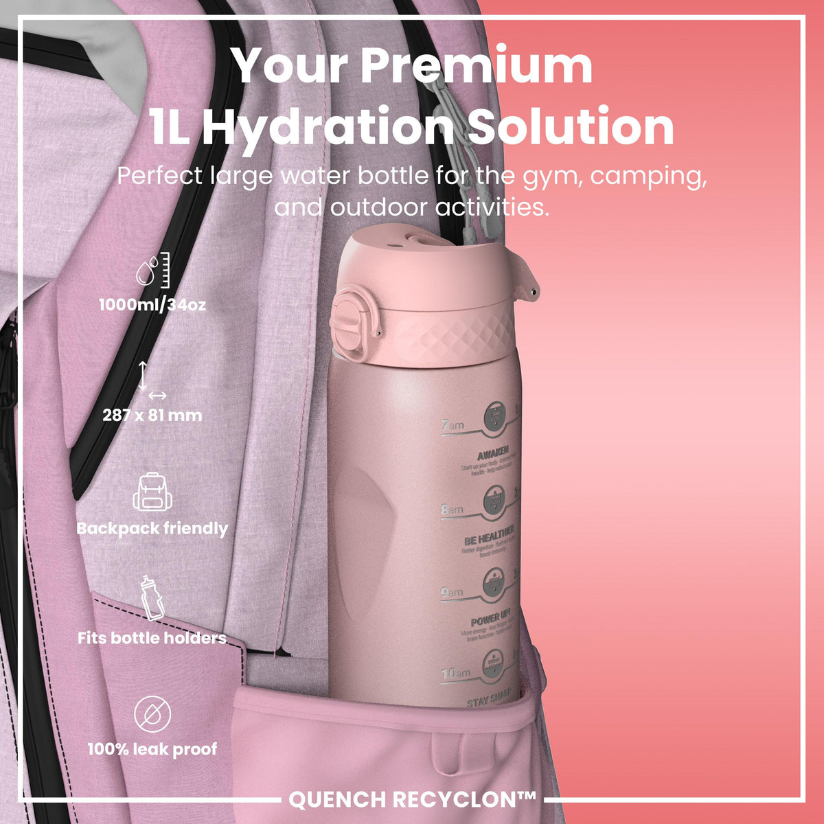 Leak Proof 1 Litre Water Bottle with Times to Drink, Recyclon, Rose, 1L