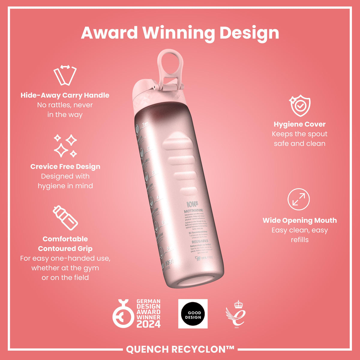 Leak Proof 1 Litre Water Bottle with Times to Drink, Recyclon, Rose, 1L