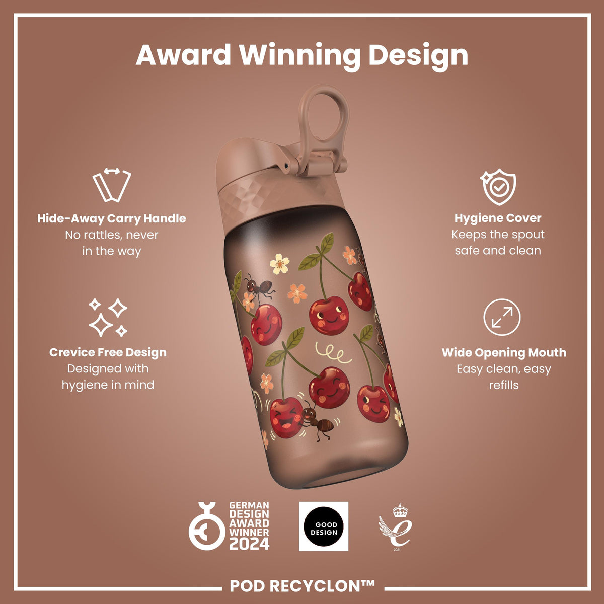 Leak Proof Kids Water Bottle, Recyclon, Cherries, 350ml (12oz)