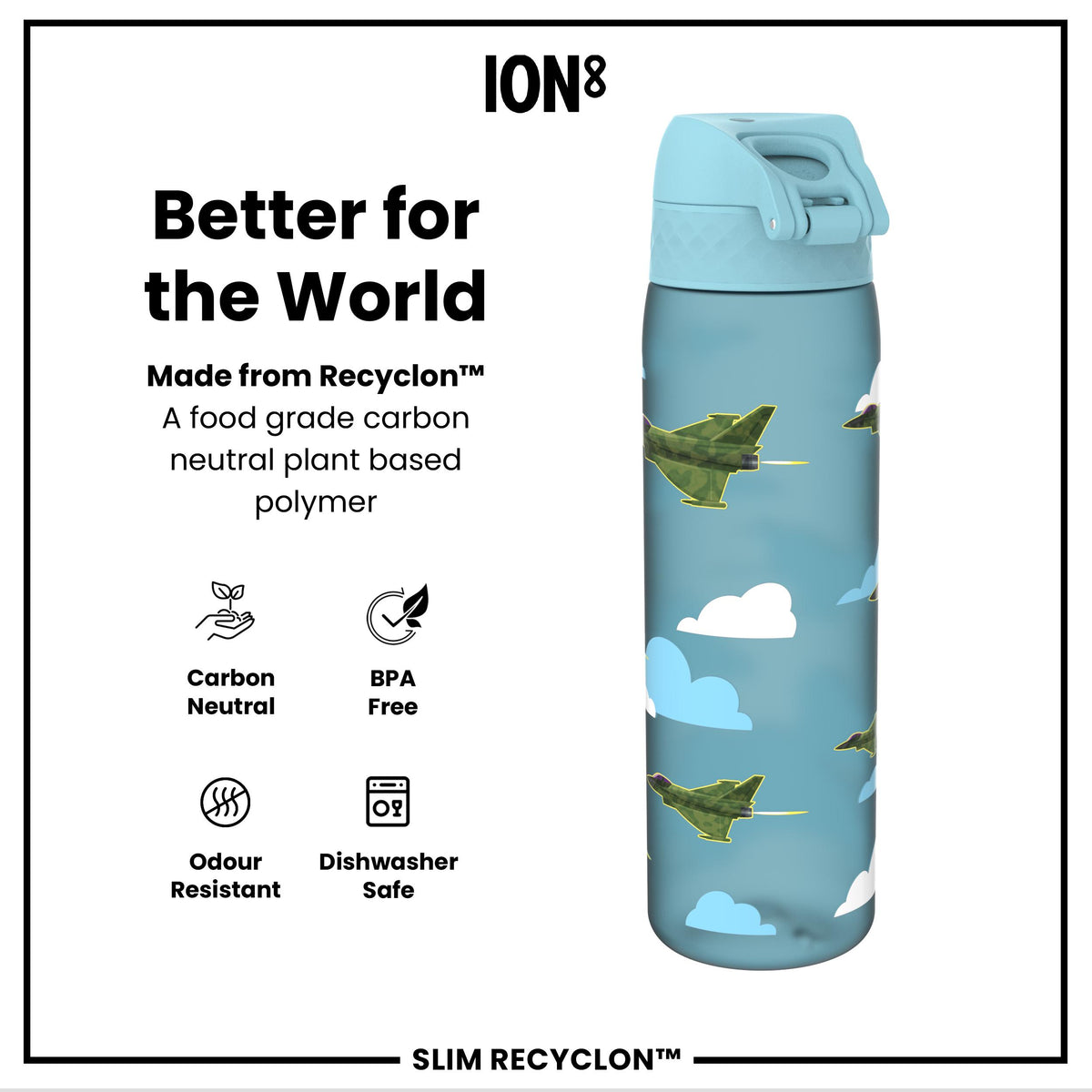 Leak Proof Slim Water Bottle, Recyclon, Fighter Jets, 500ml (18oz)