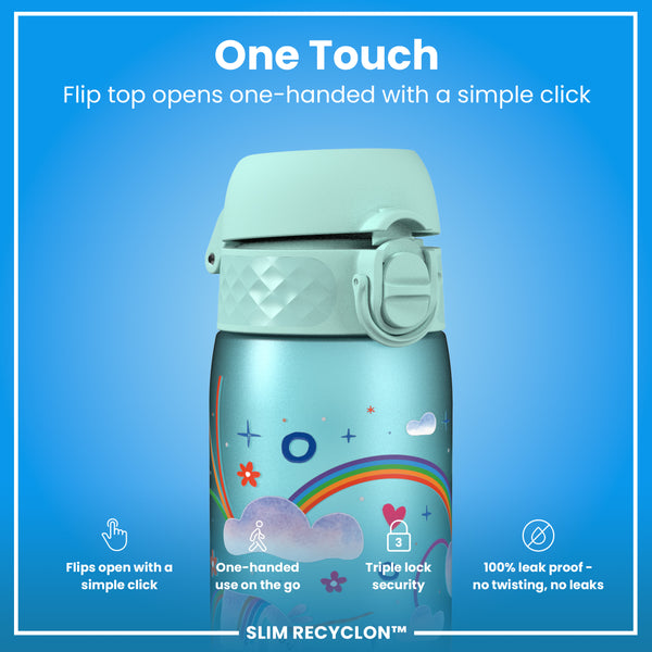 Leak Proof Slim Water Bottle, Recyclon, Unicorn Rainbows, 500ml (18oz)