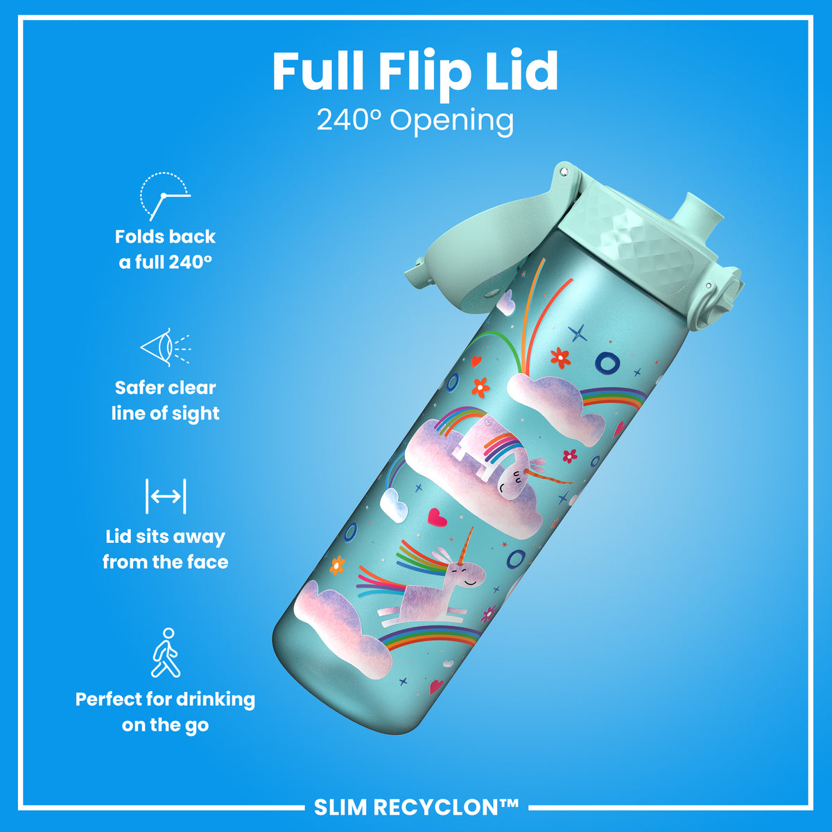 Leak Proof Slim Water Bottle, Recyclon, Unicorn Rainbows, 500ml (18oz)