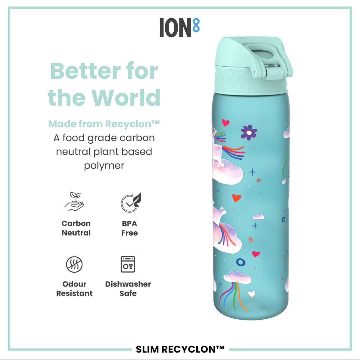 Leak Proof Slim Water Bottle, Recyclon, Unicorn Rainbows, 500ml (18oz)