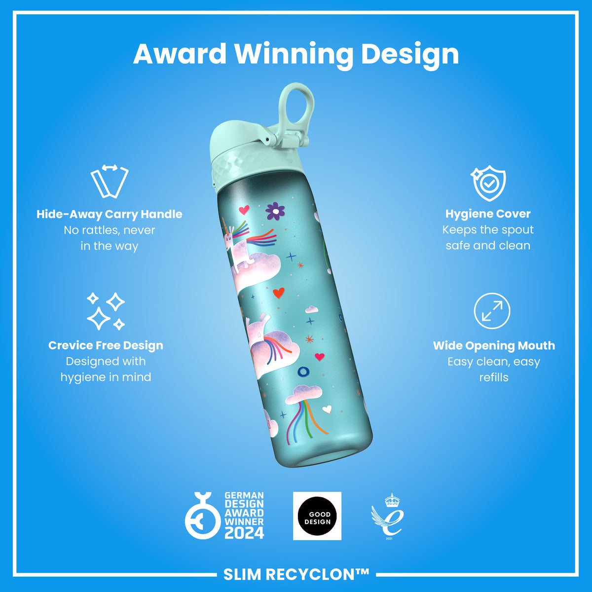 Leak Proof Slim Water Bottle, Recyclon, Unicorn Rainbows, 500ml (18oz)