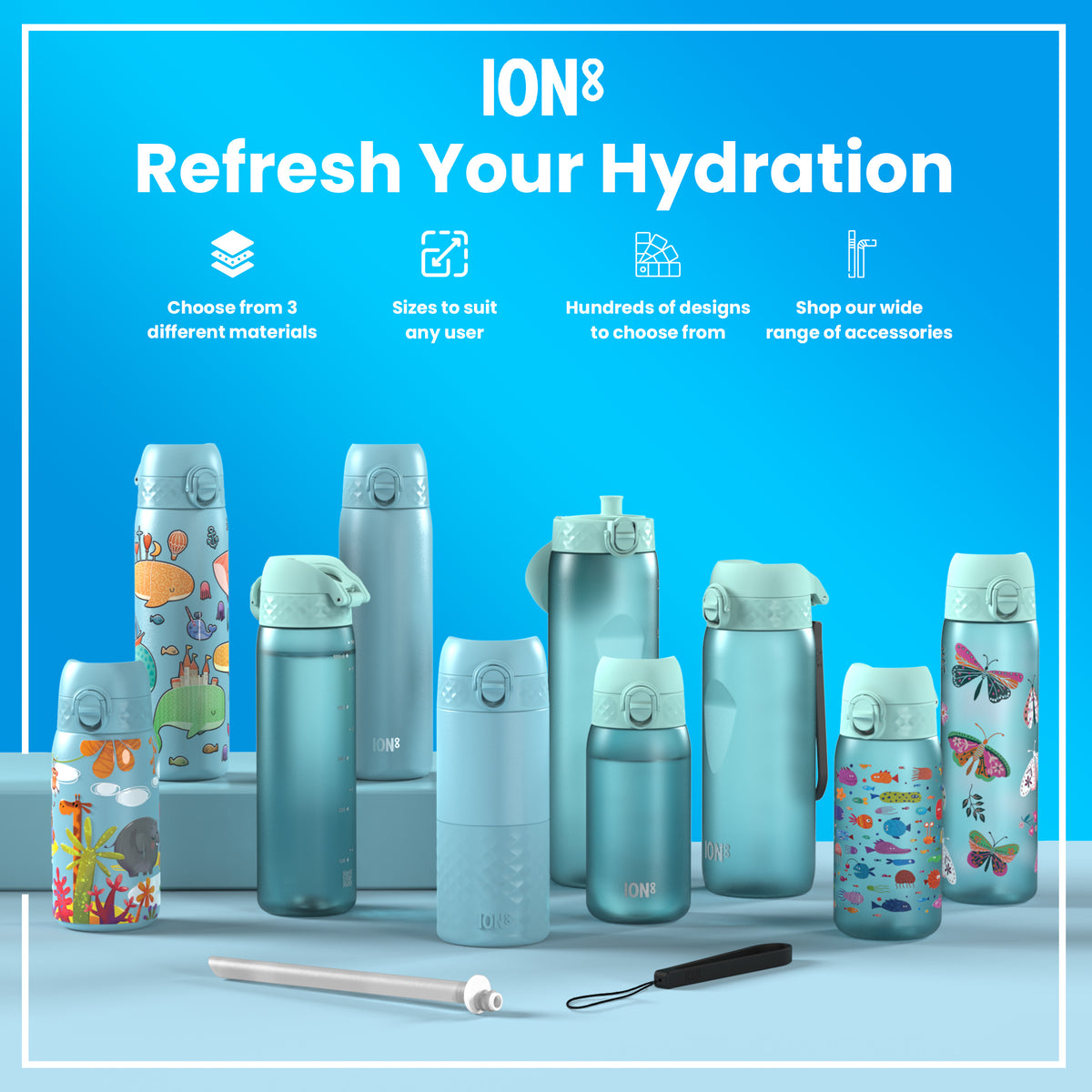 Leak Proof Slim Water Bottle, Recyclon, Unicorn Rainbows, 500ml (18oz)