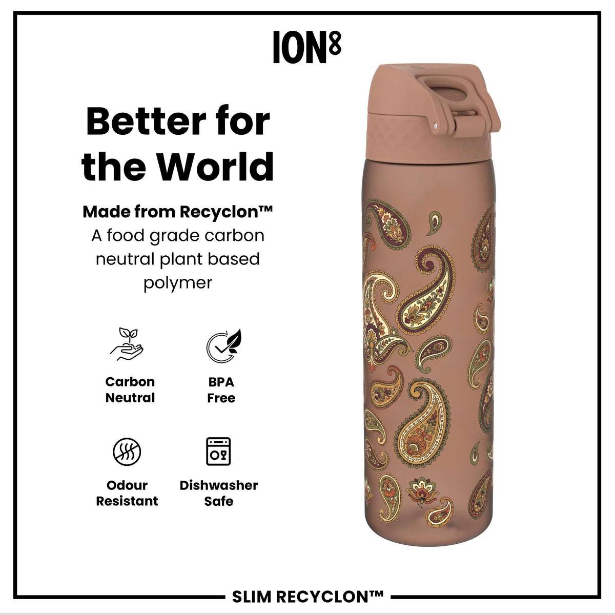 Leak Proof Slim Water Bottle, Recyclon, Paisley, 500ml (18oz)