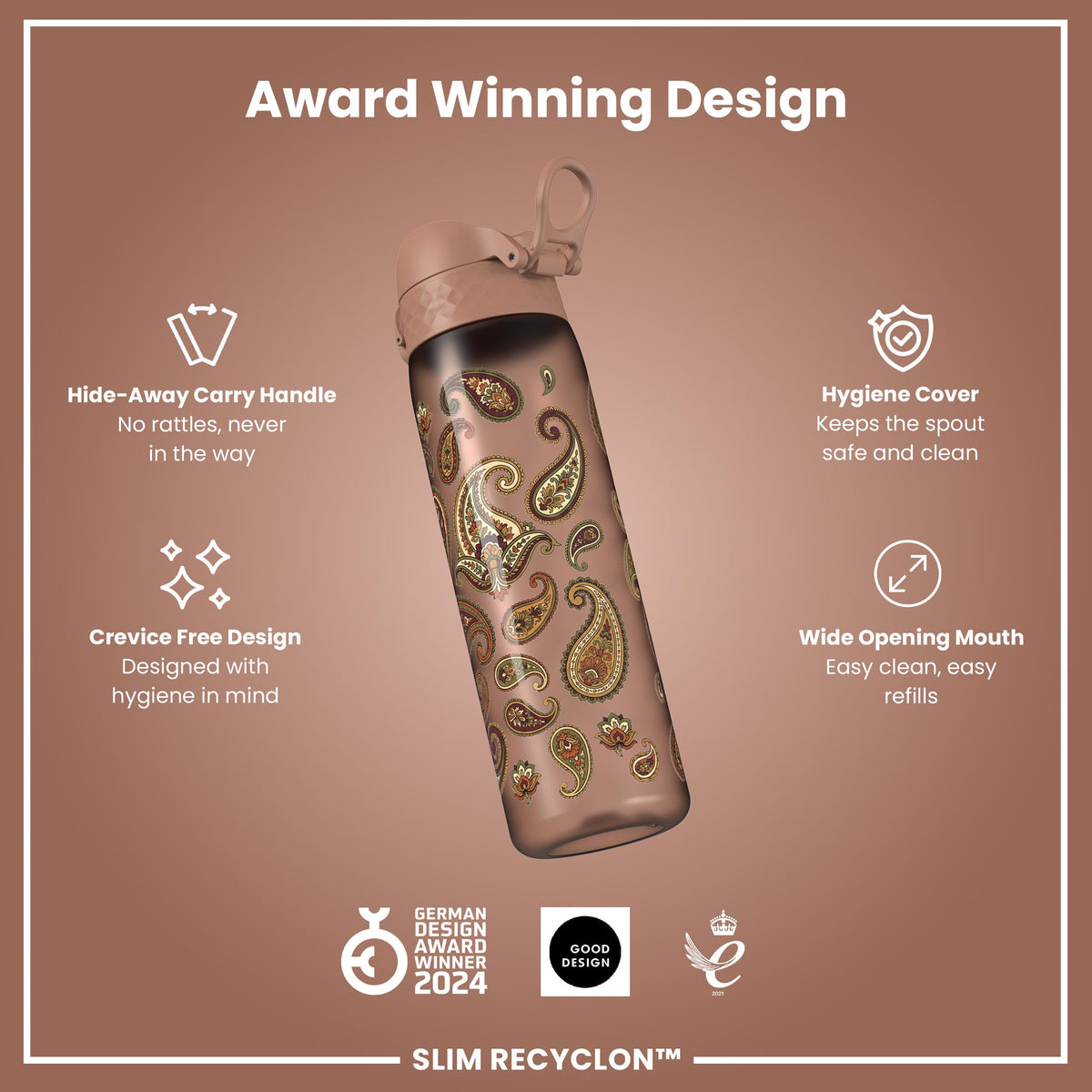 Leak Proof Slim Water Bottle, Recyclon, Paisley, 500ml (18oz)