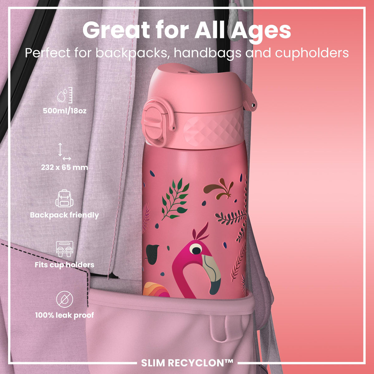 Leak Proof Slim Water Bottle, Recyclon, Flamingos, 500ml (18oz)