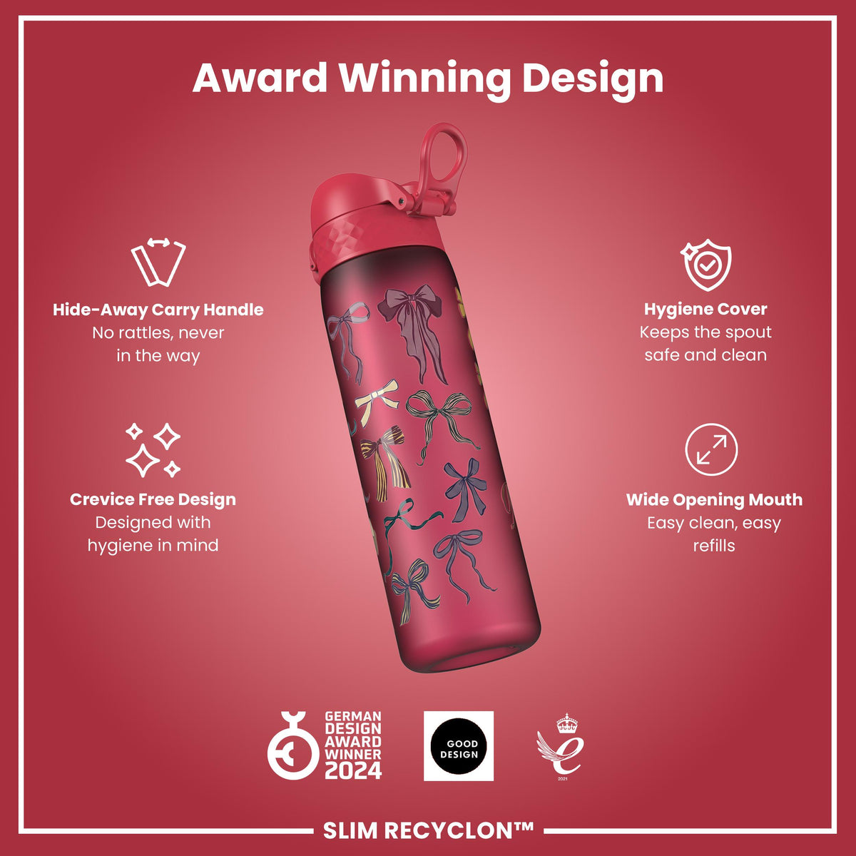 Leak Proof Slim Water Bottle, Recyclon, Bows, 500ml (18oz)