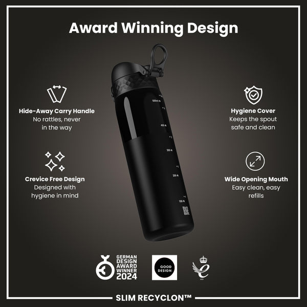 Leak Proof Slim Water Bottle, Recyclon, Half-Cut, Black, 500ml (18oz)