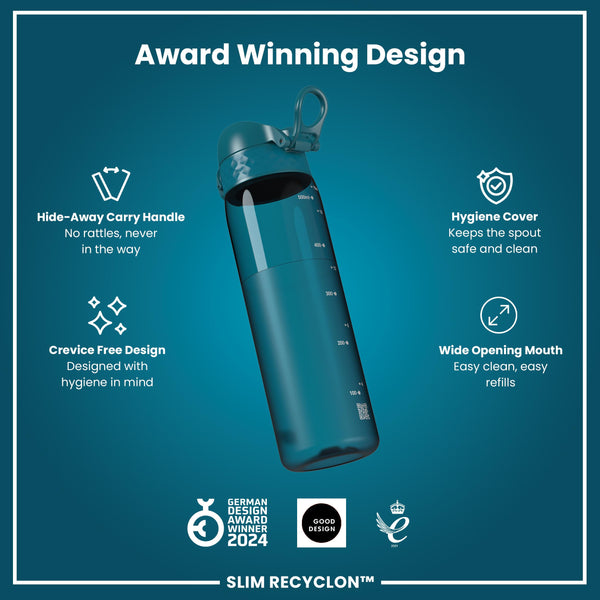Leak Proof Slim Water Bottle, Recyclon, Half-Cut, Teal, 500ml (18oz)