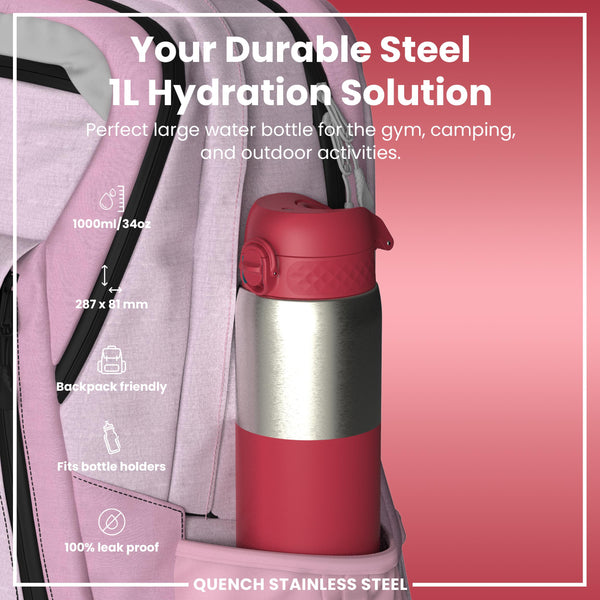 Leak Proof 1 Litre Thermal Water Bottle, Insulated, Half-Cut, Magenta, 1L