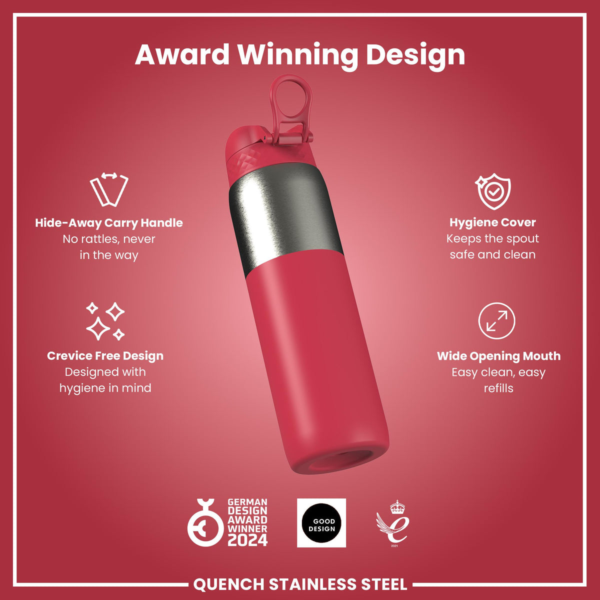 Leak Proof 1 Litre Thermal Water Bottle, Insulated, Half-Cut, Magenta, 1L