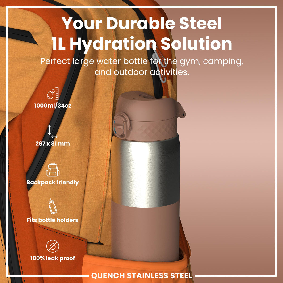 Leak Proof 1 Litre Thermal Water Bottle, Insulated, Half-Cut, Mocha, 1L