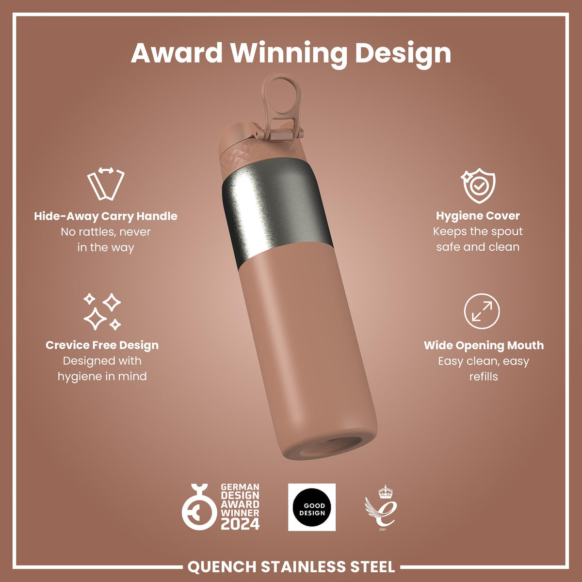 Leak Proof 1 Litre Thermal Water Bottle, Insulated, Half-Cut, Mocha, 1L