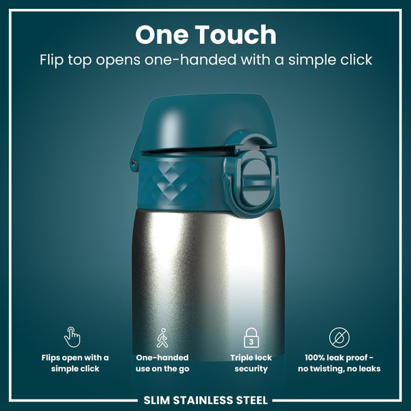 Leak Proof Slim Water Bottle, Stainless Steel, Half-Cut, Teal, 600ml (20oz)